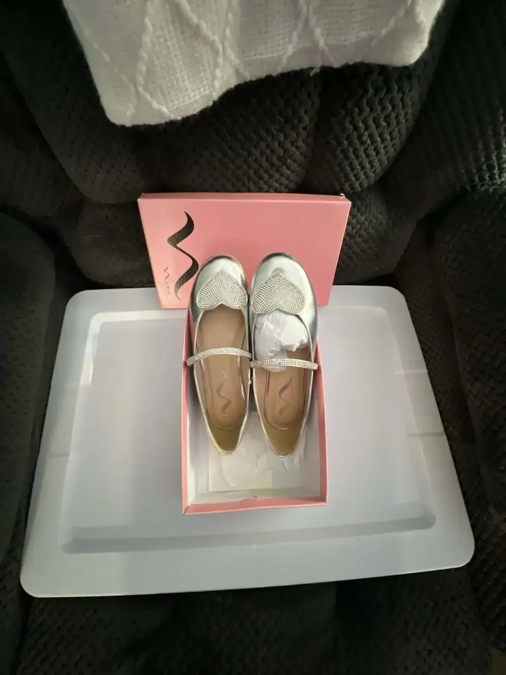 Nina Girls Diaz Silver Metallic Ballet Flats with Rhinestone Heart and Strap